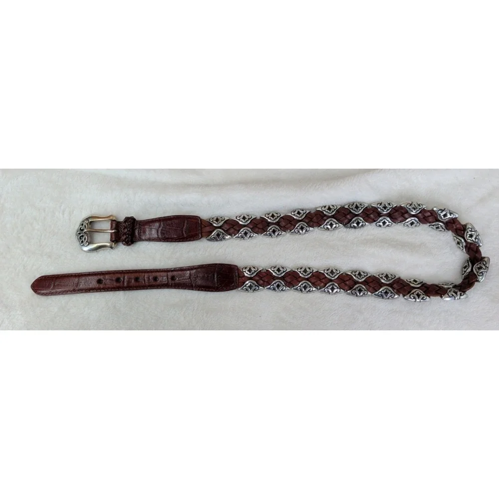 Brighton Brown Leather Silver Accents Weaved Belt 91807